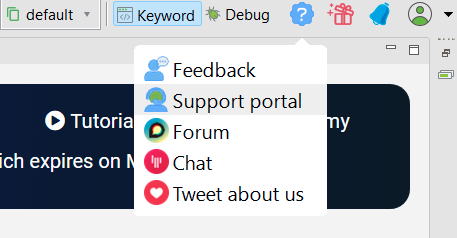 In Katalon Studio, click the question mark and then Support portal to redirect you to the Support portal site.