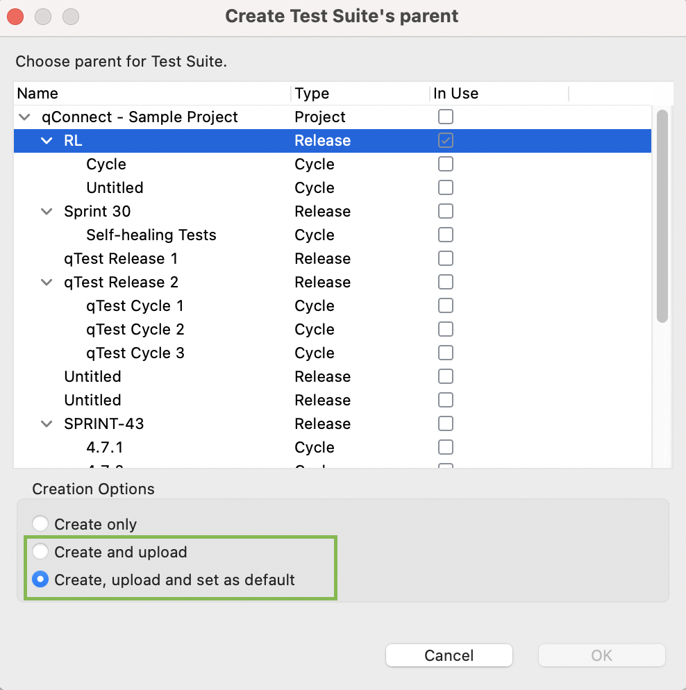 Choose create location options to upload test suites automatically