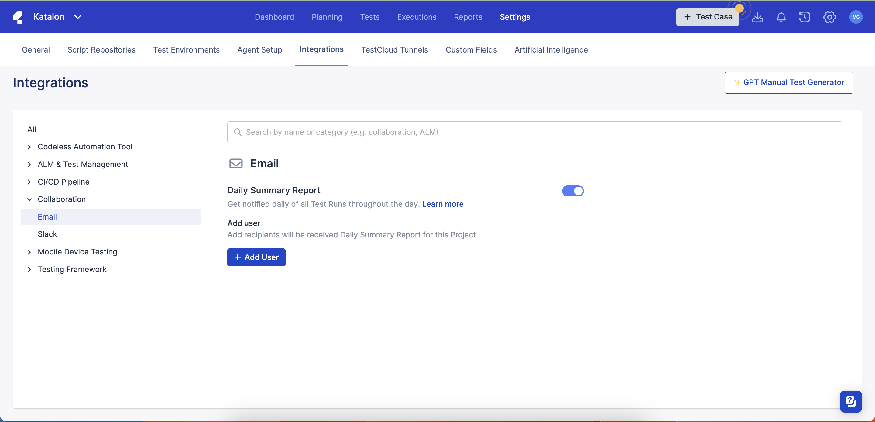 The email integration page within the Katalon Platform.