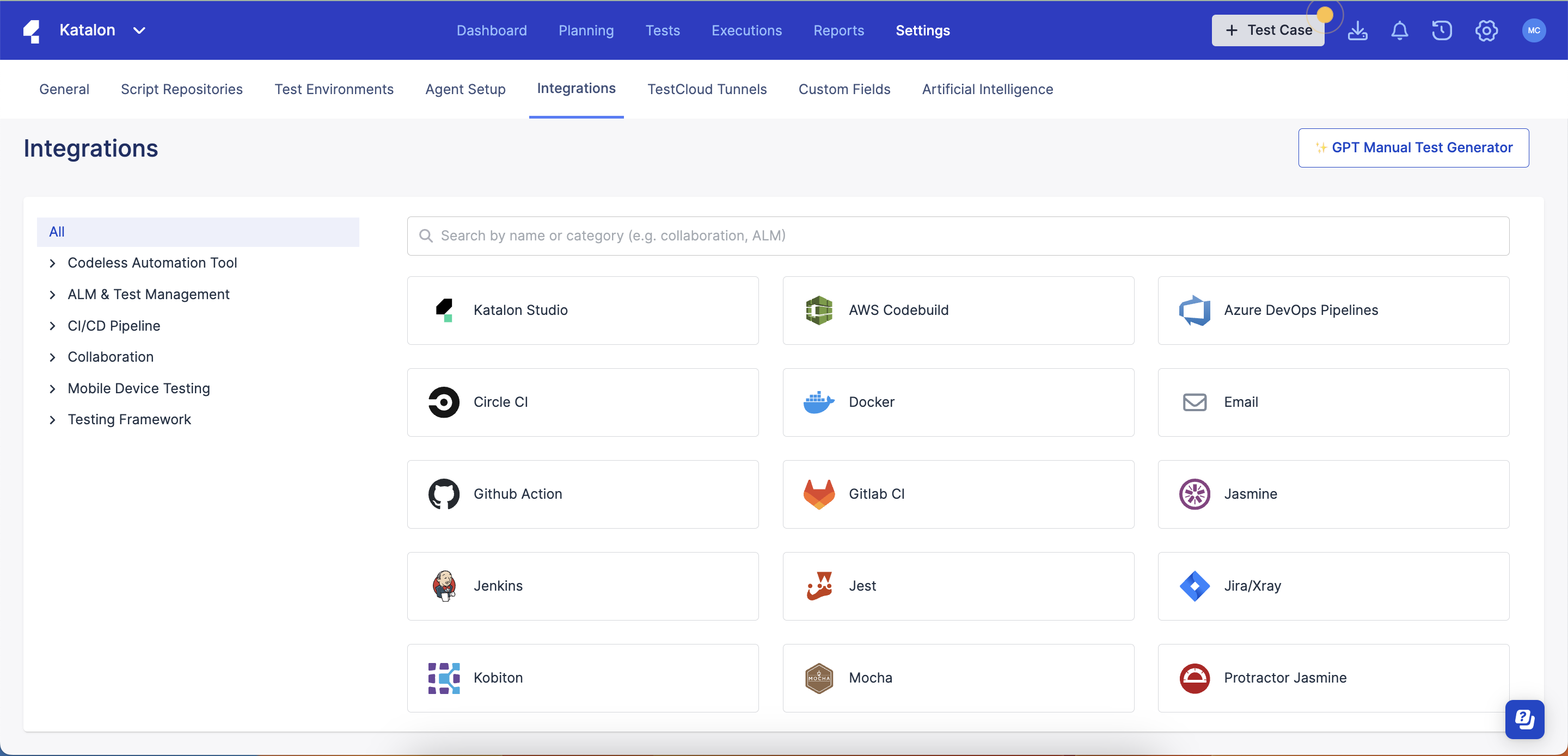 The Integrations page within the Katalon Platform.