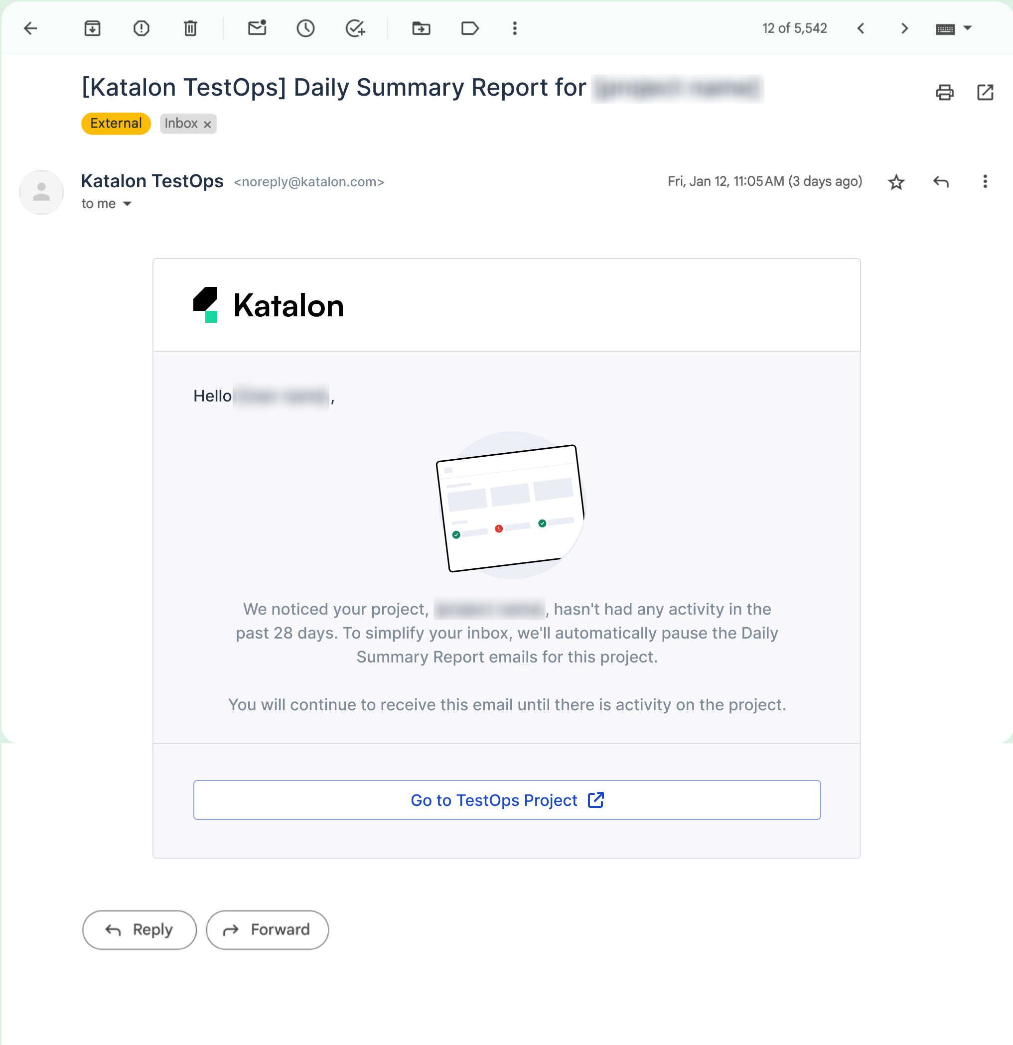 An email confirming that daily summary report has been disabled due to inactivity.