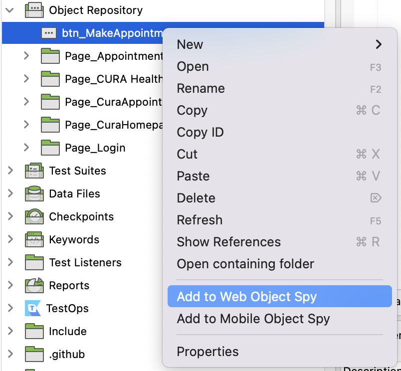 Right-click on object > Add to Web Object Spy