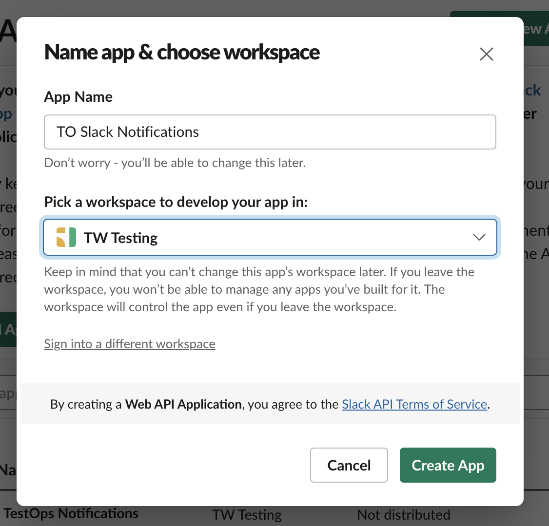 Name your app and workspace in Slack.