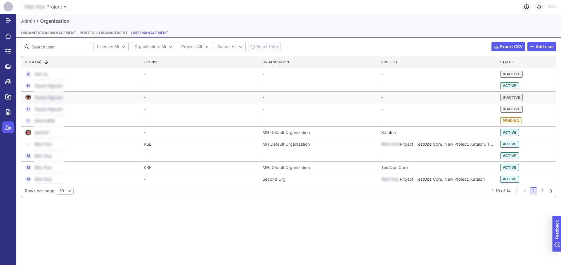 The complete user directory in Katalon TestOps.