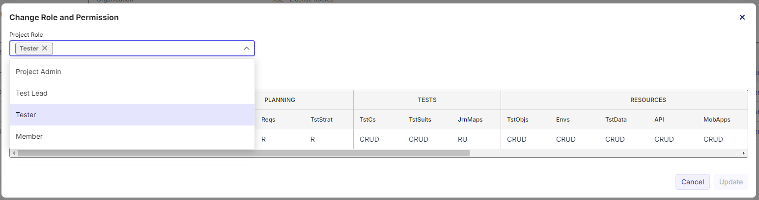 Project level roles in Katalon TestOps. Choose the ones you'd like to assign to this User for this Project.