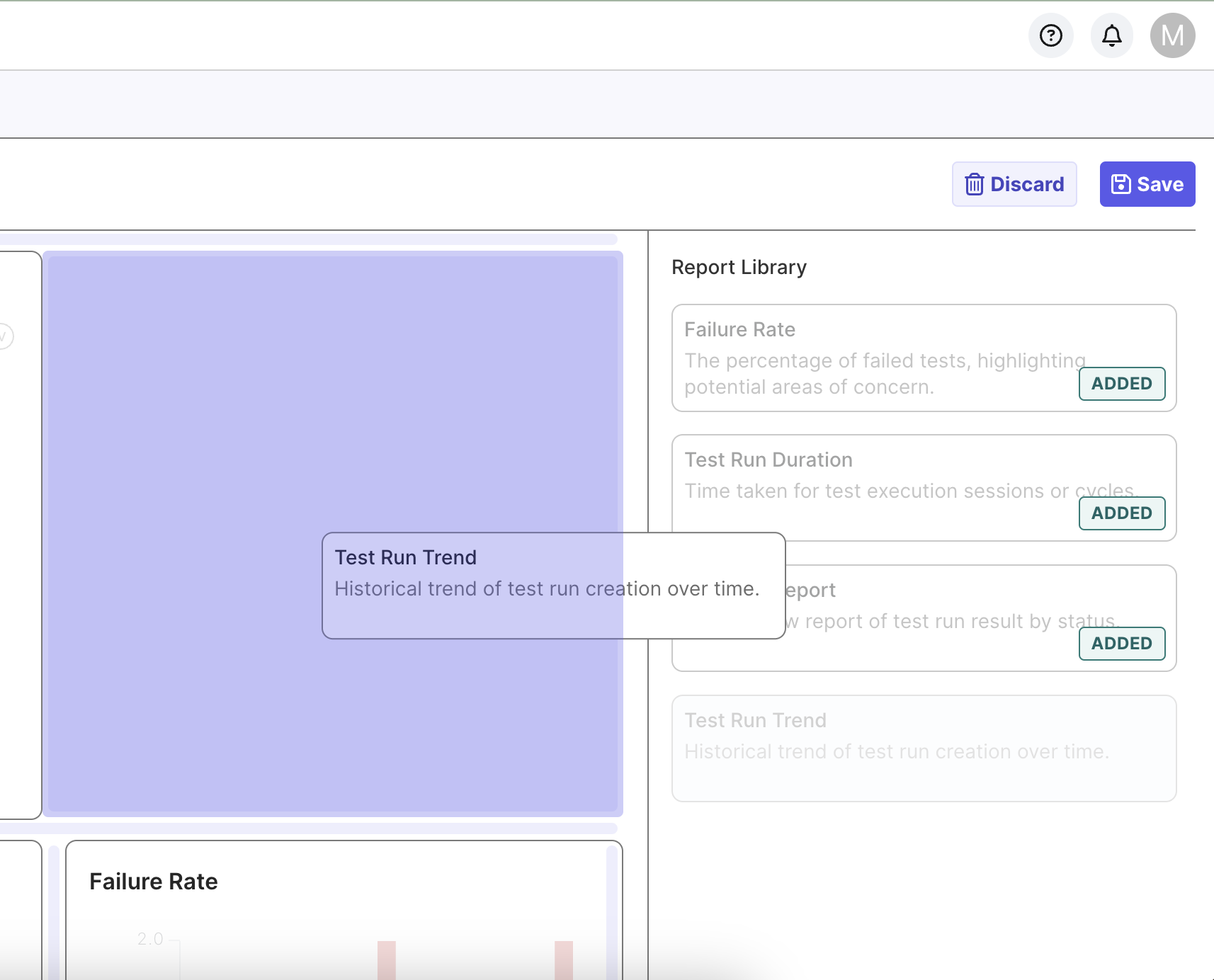 Click and drag on a report to add it to the project dashboard widget in Katalon TestOps Gen 3.