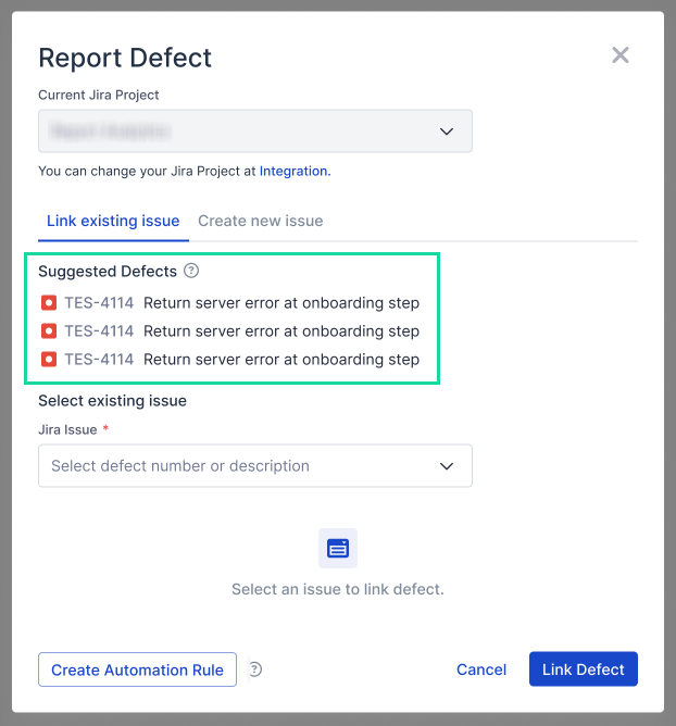 Suggested defects within the Report Defect dialog box.