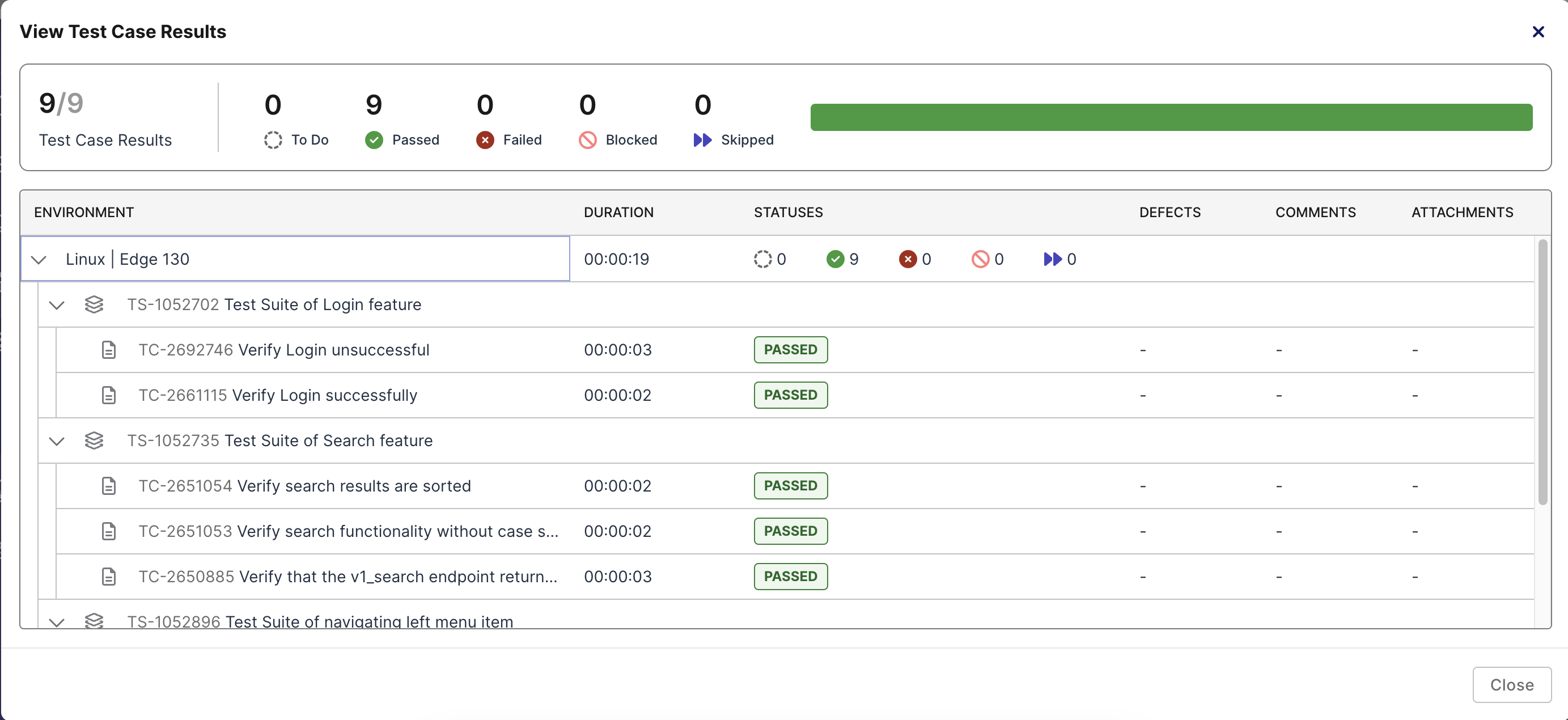 The Test Case Results screen in TestPak shows a list of your test cases and a summary of their results.