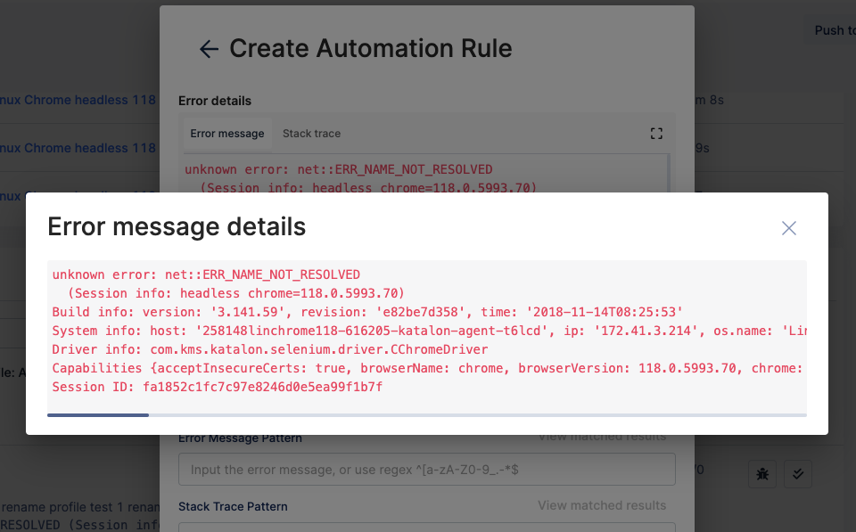 Error message details when creating automation rules in Katalon TestOps.