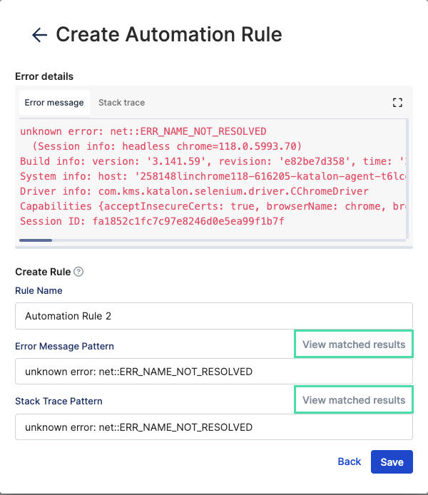 View matched results when creating an automation rule in Katalon TestOps.