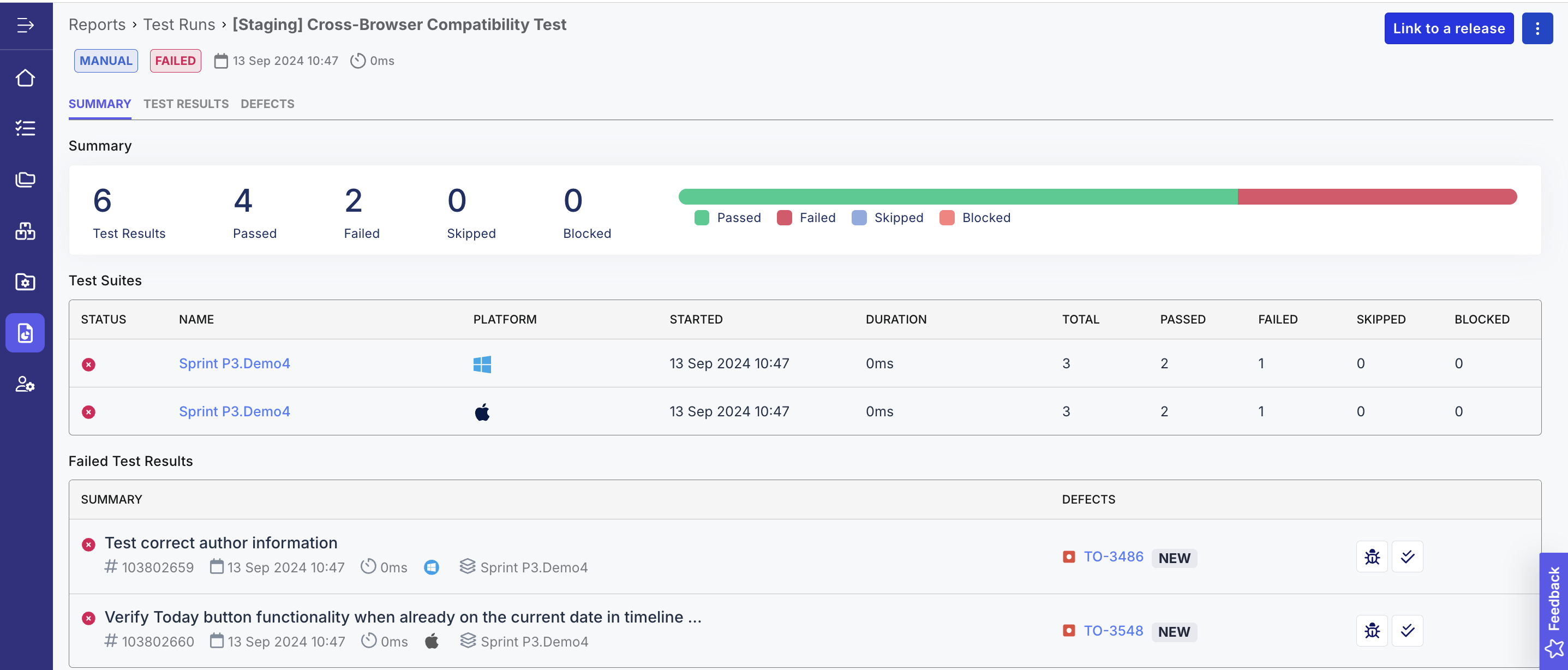 An example of a manual test run's details.