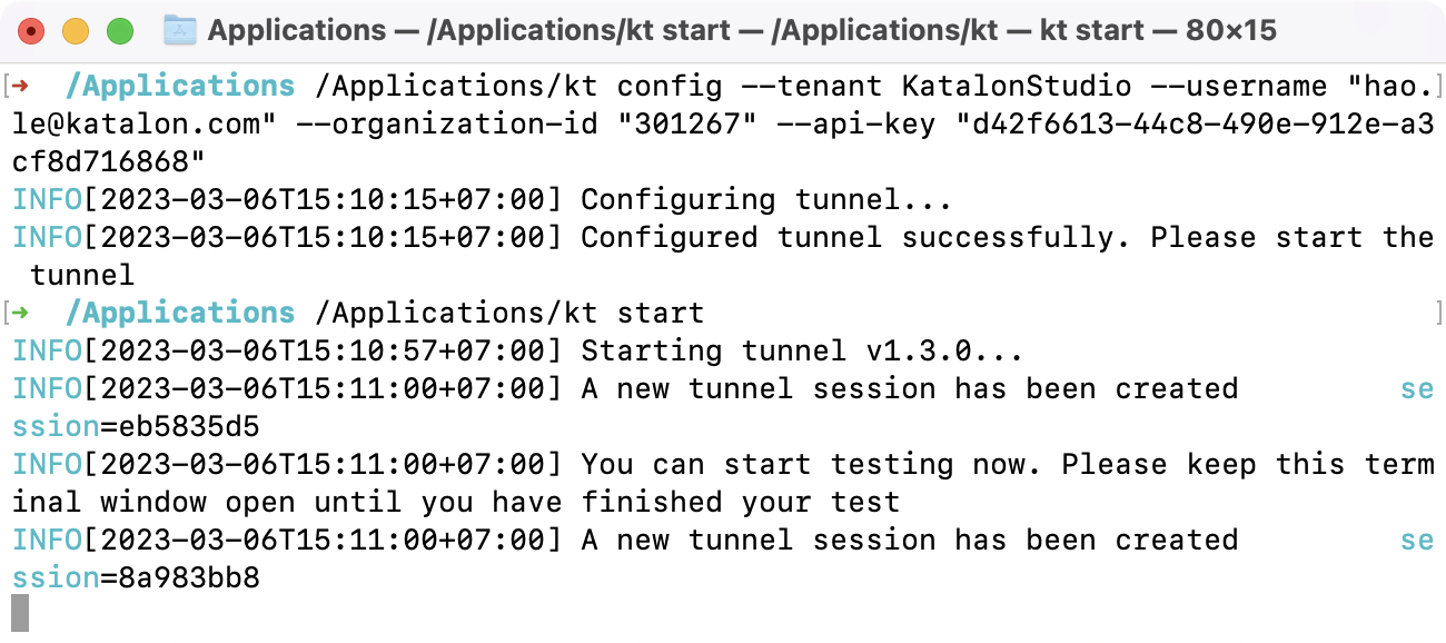 Sample terminal message for running TestCloud Tunnel