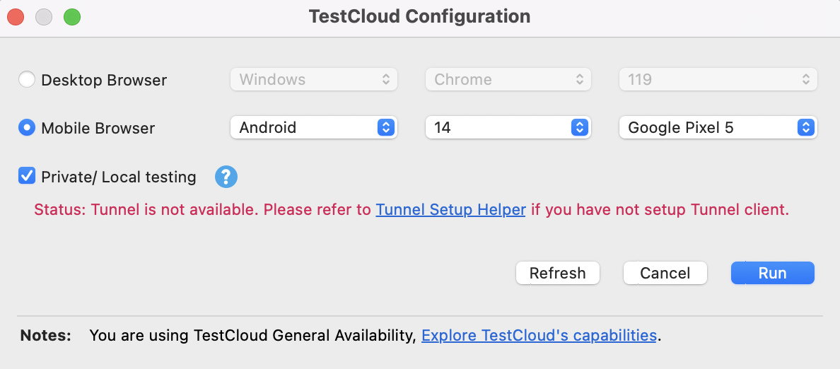 Katalon Studio - TestCloud Configuration dialog, TestCloud Tunnel not available status