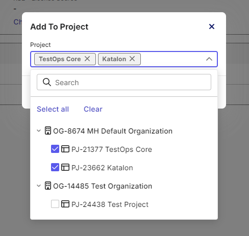 This image shows the add to project dialog box containing all the projects within the account. Ticking on a project adds the user to it.