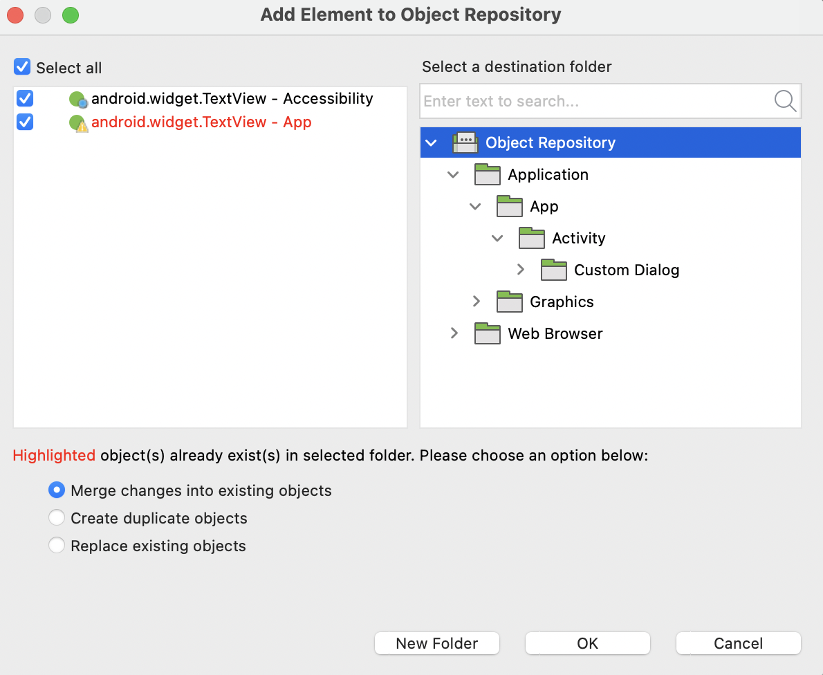 Add Element to Object Repository dialog