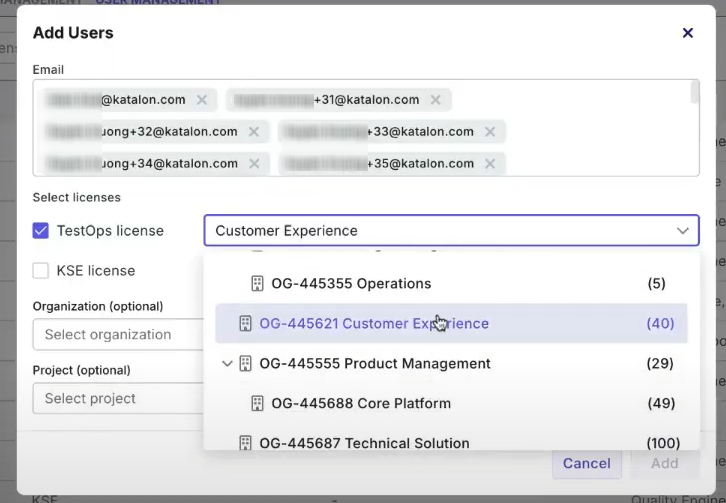 Add users to Katalon TestOps and assign licenses to them instantly. Choose the source of the licenses through the dropdown.