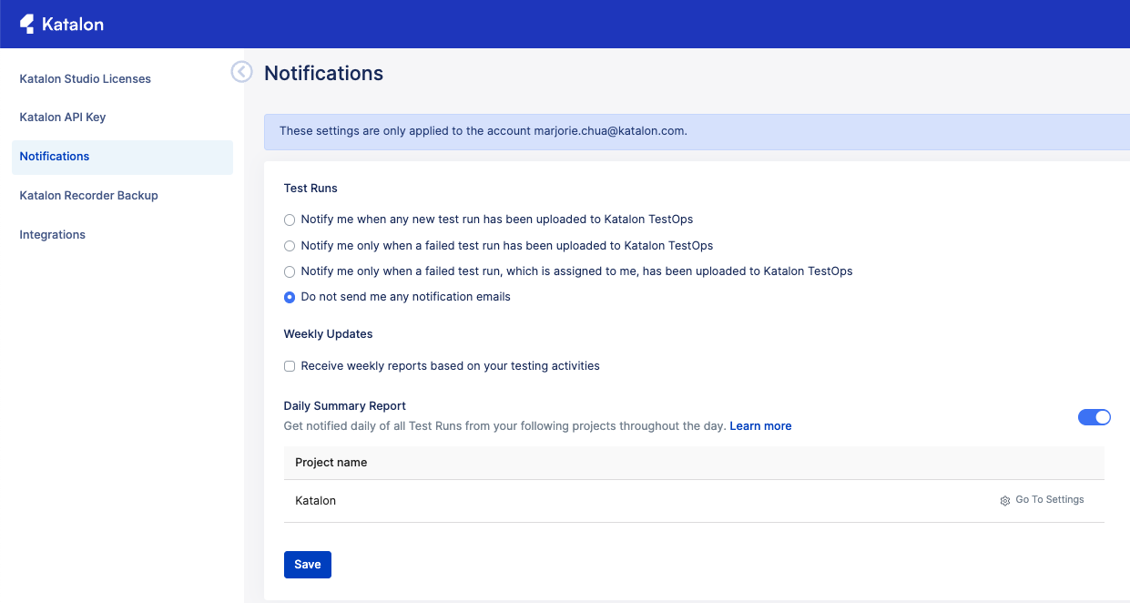 The notifications page within your user settings in Katalon Platform.