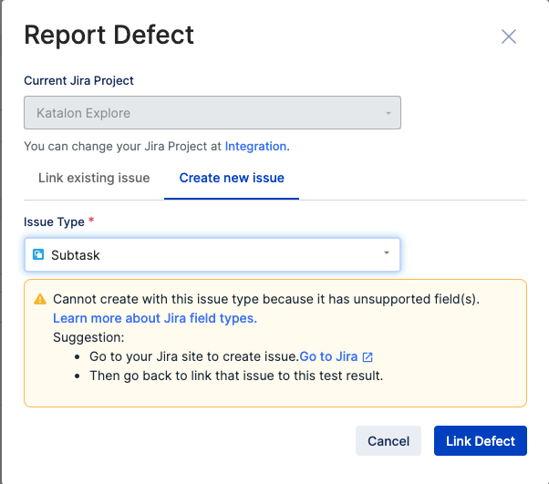 Report Defect can't create the issue type in TestOps.