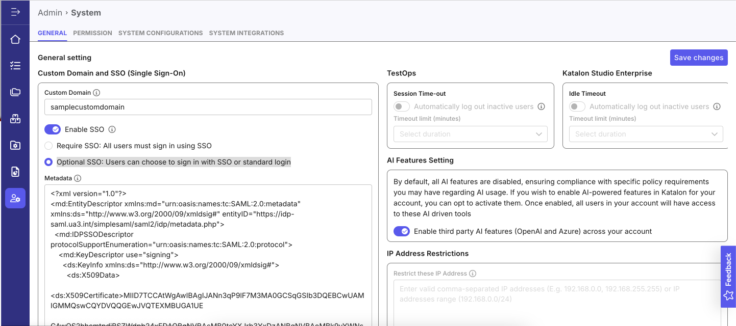 System settings that show SSO as enabled in Katalon TestOps.