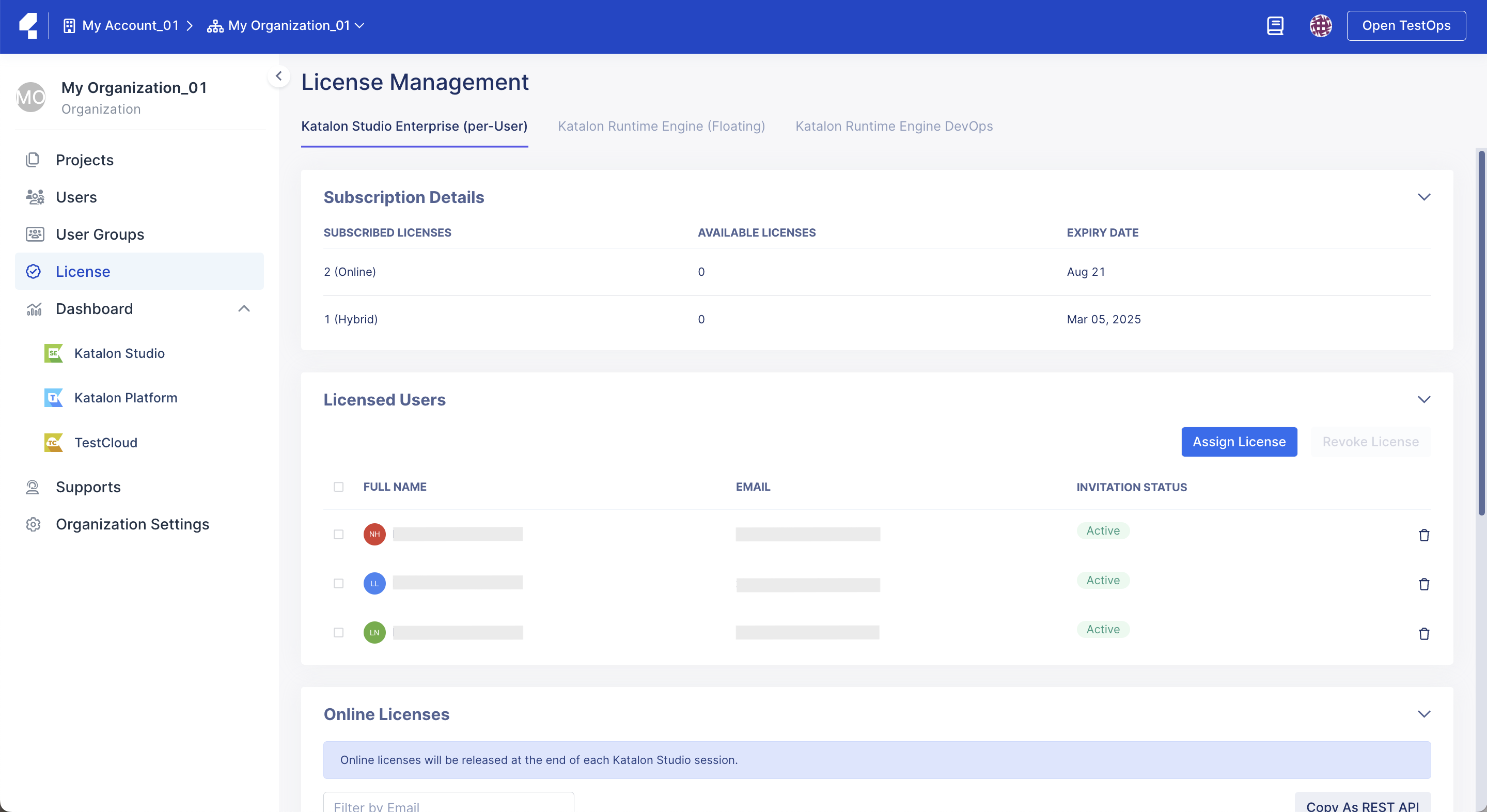License management page