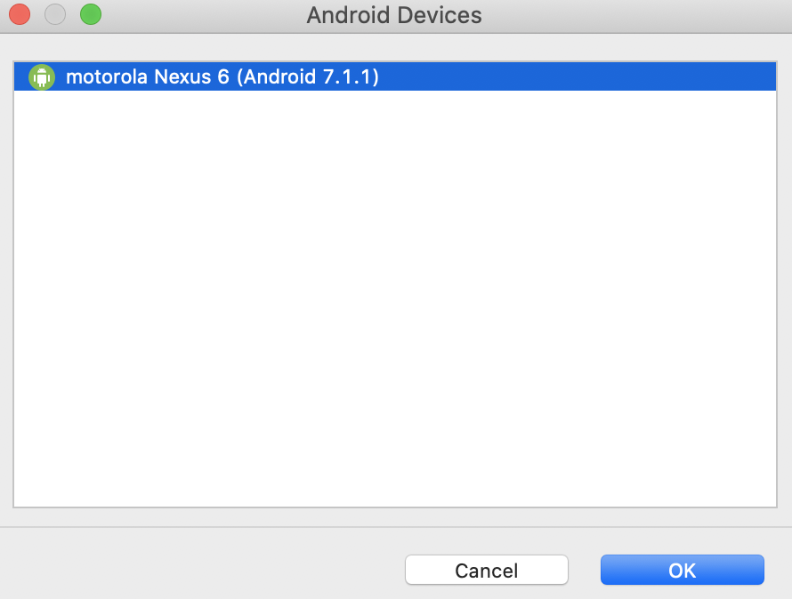 Select your real device from the Android Devices dialog window and click OK to connect.