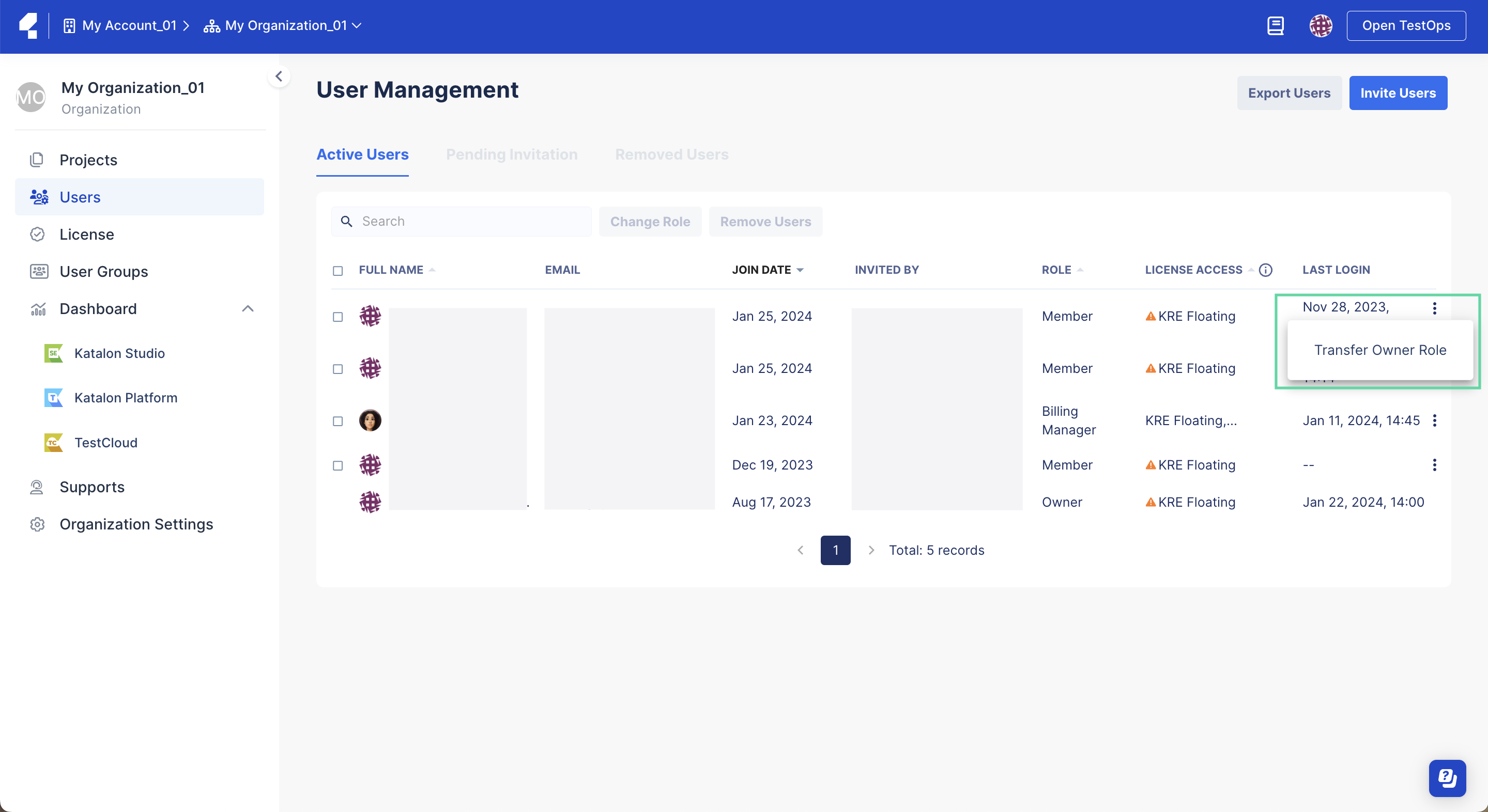 User Management page