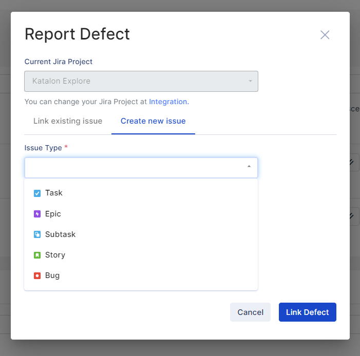 Select the Jira field type you want to use for your defect report.