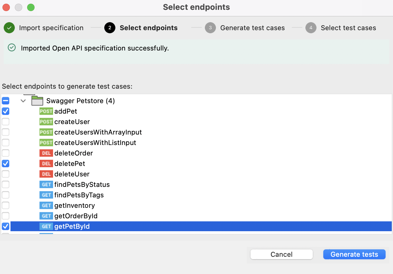 Select endpoints dialog