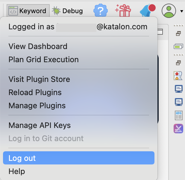 The profile button and the log out option in Katalon Studio.