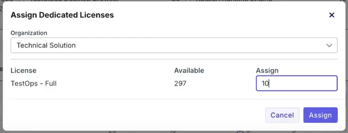 The Assign Dedicated Licenses popup asking for the Organization and amount of licenses you want to assign.