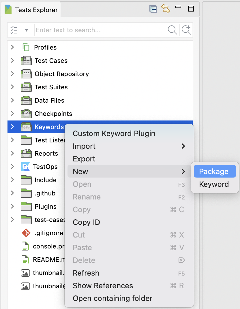 Right-click Keywords folder and create new package