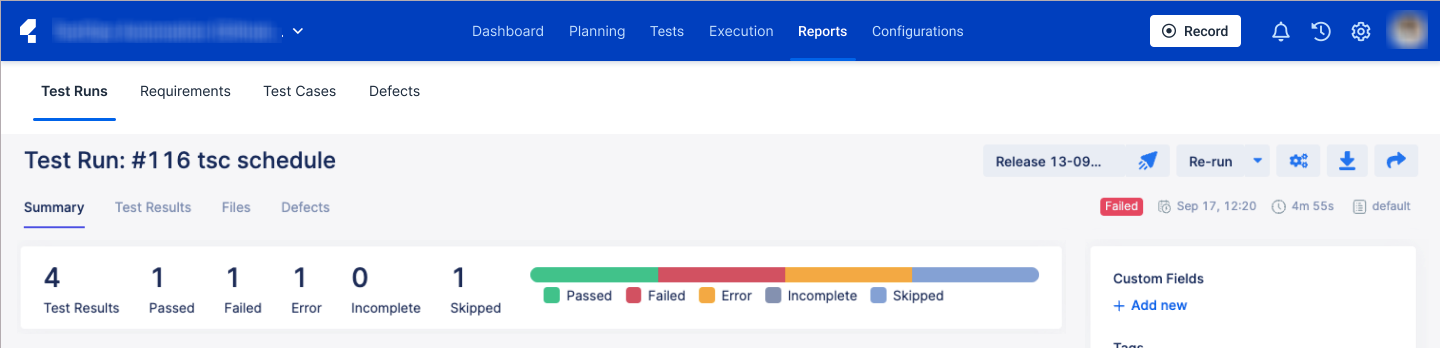 Test run results summary bar