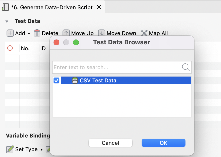 The Test Data Browser dialog.