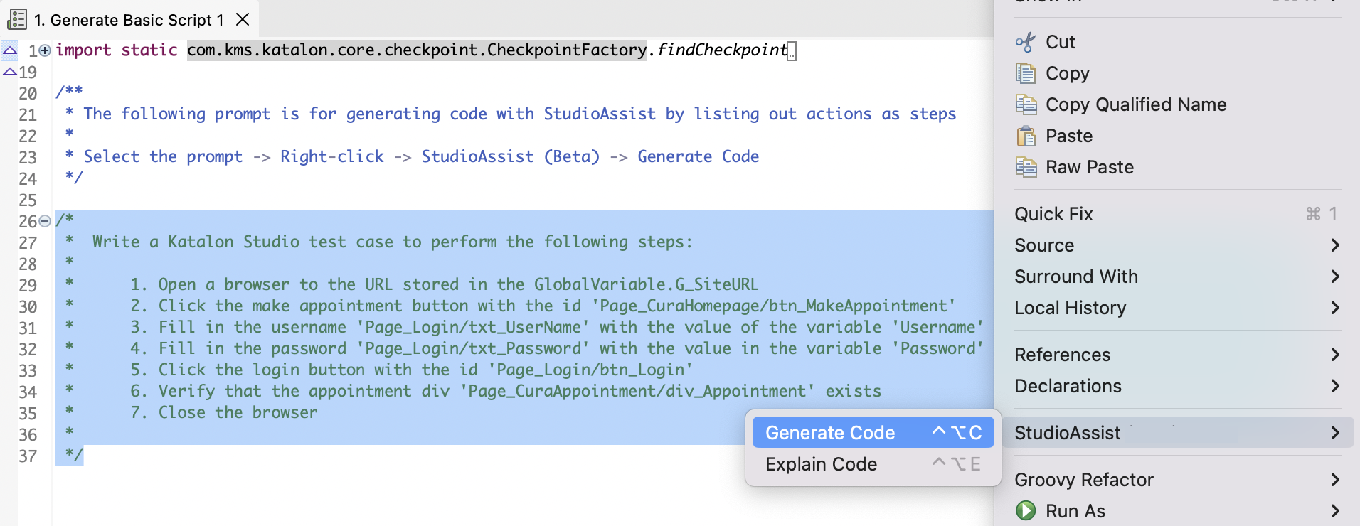 Generate code from selected prompt of the test case