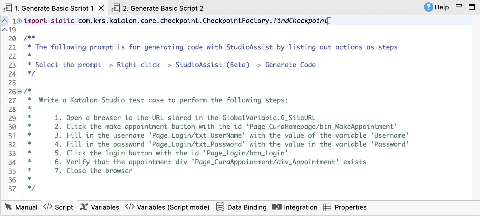 The Generate Basic Script 1 test case in Katalon Studio.