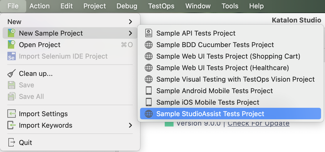 The New Sample StudioAssist Test Project option.