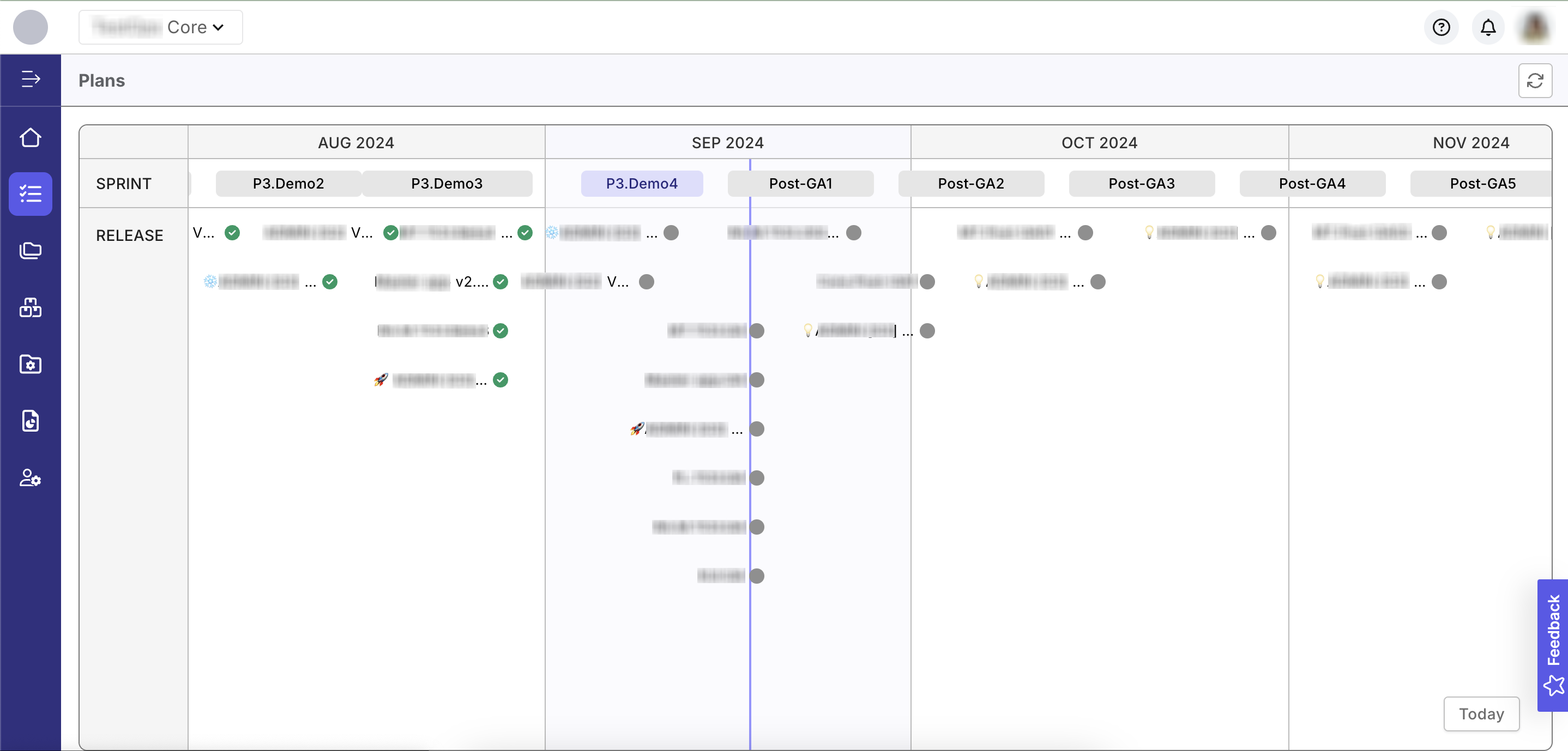 The Plans section shows the release/sprint timeline making it so that it's easy to gain a comprehensive understanding of the ongoing release schedule.