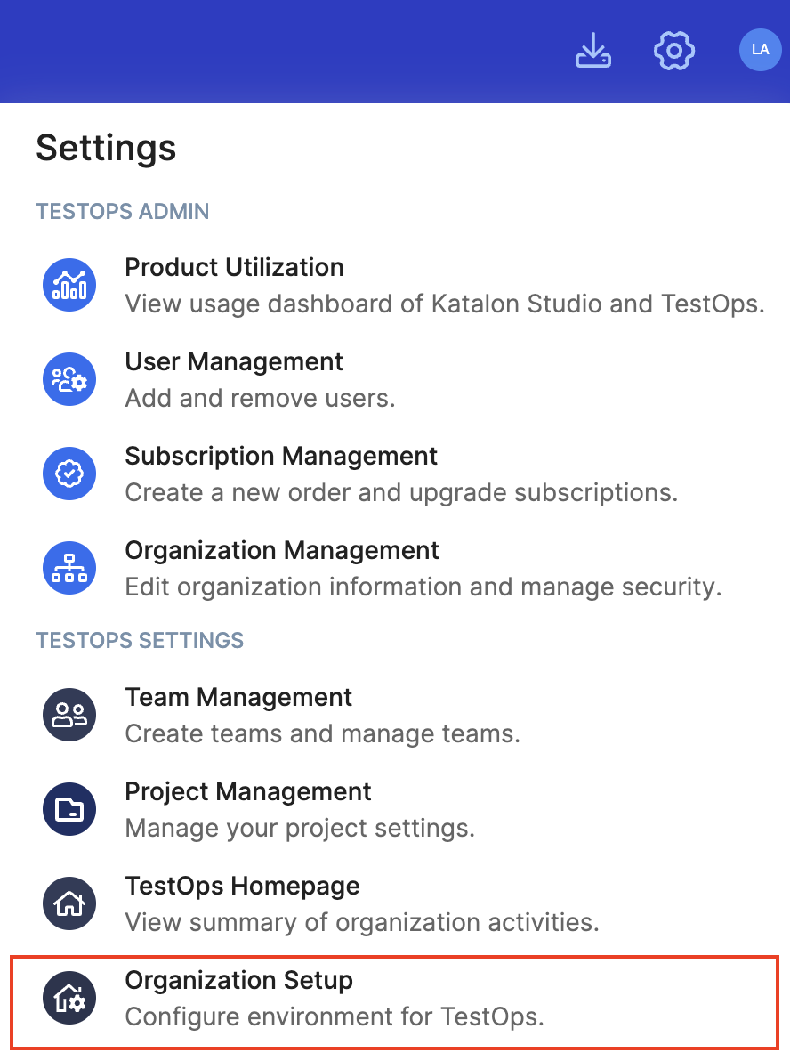 Organization setup within the TestOps settings menu.