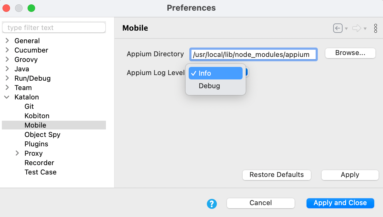 Specify Appium directory in Preferences