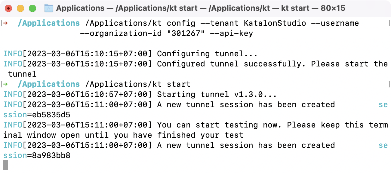 Sample terminal message for running TestCloud Tunnel