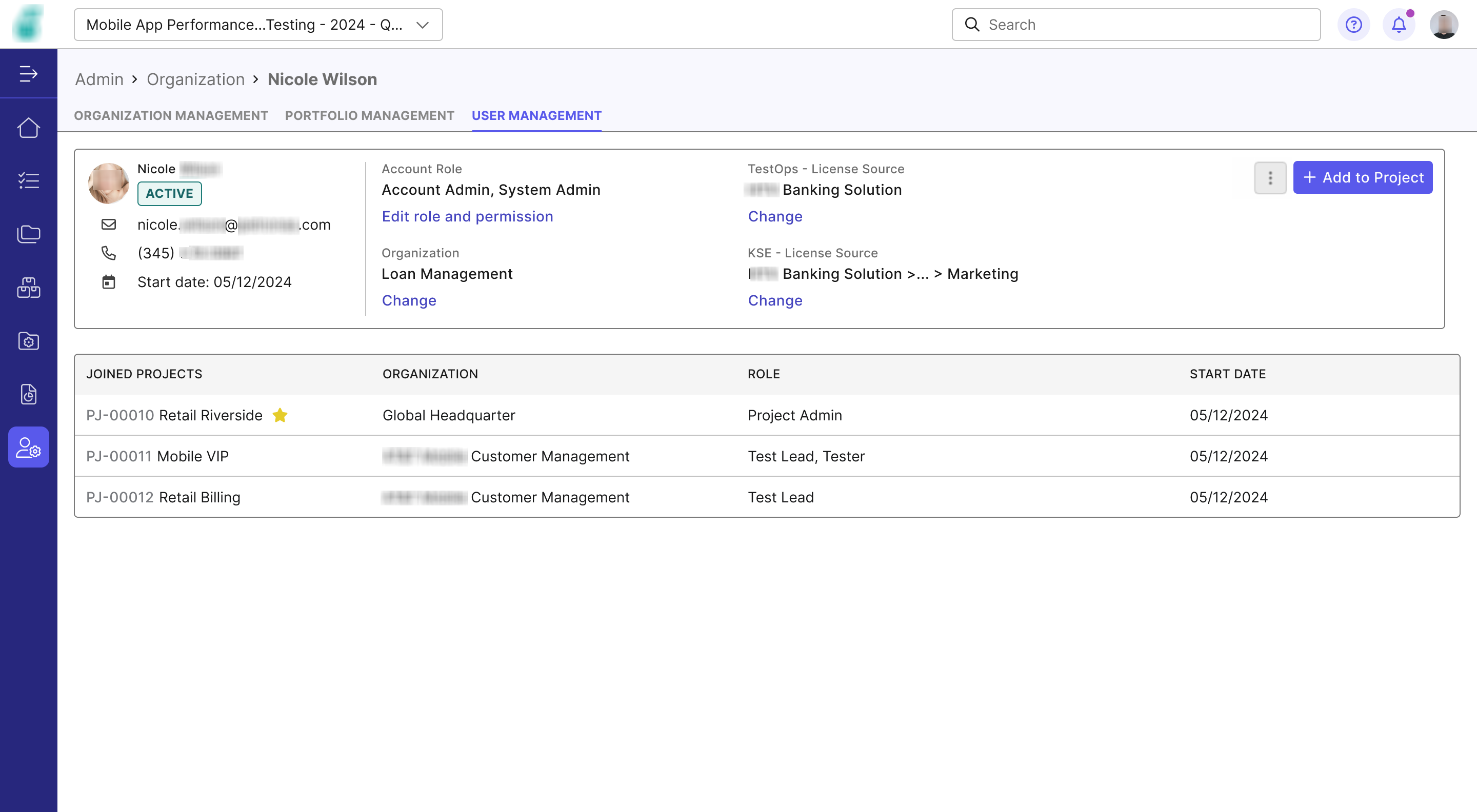 This image displays the user detail page, where all of a user's identifying information and attributes -- such as held roles, projects, or licenses -- are shown in full.