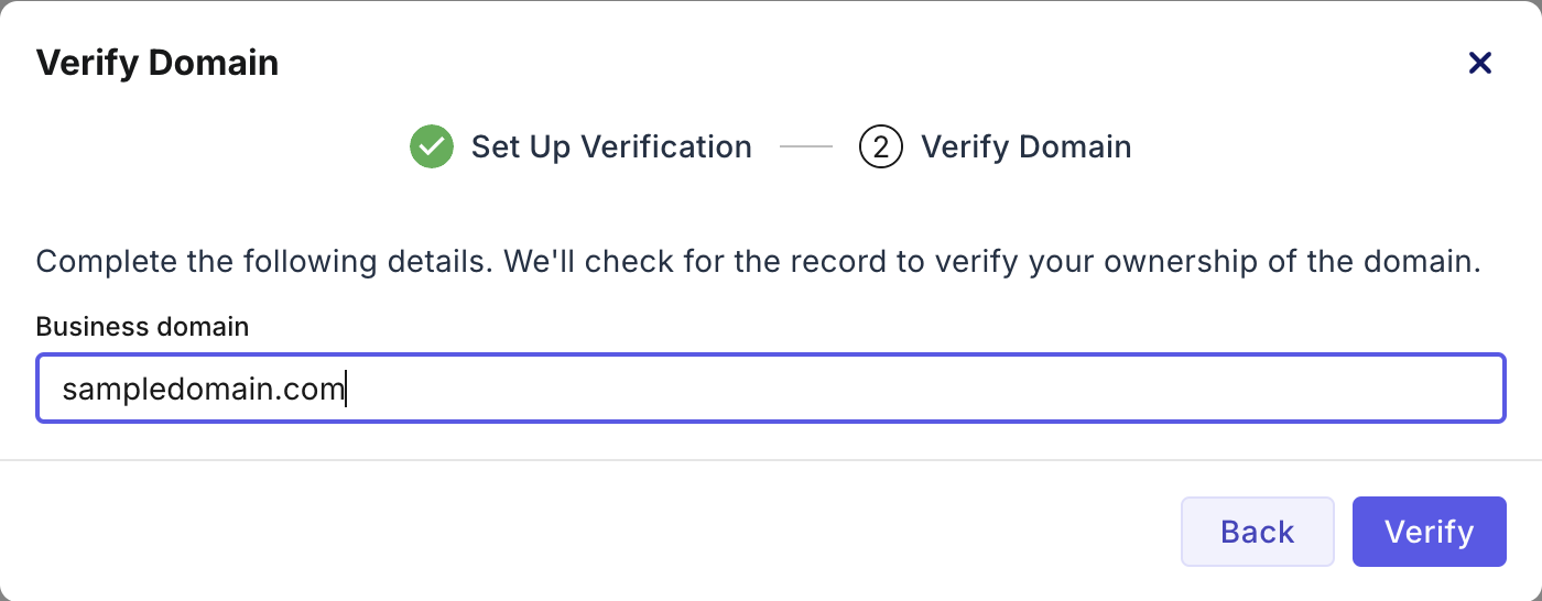 The Verify Domain dialog box where you are asked to enter your business domain.