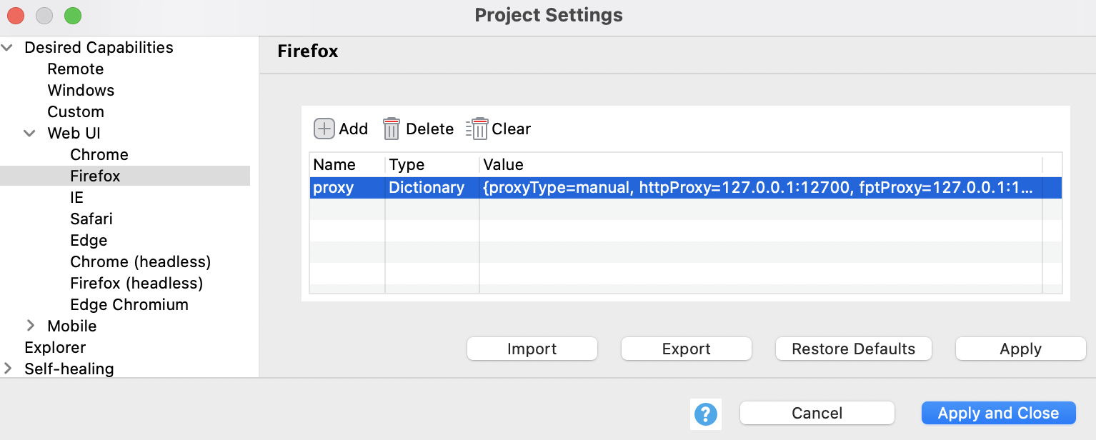 Specify proxy details in Project settings