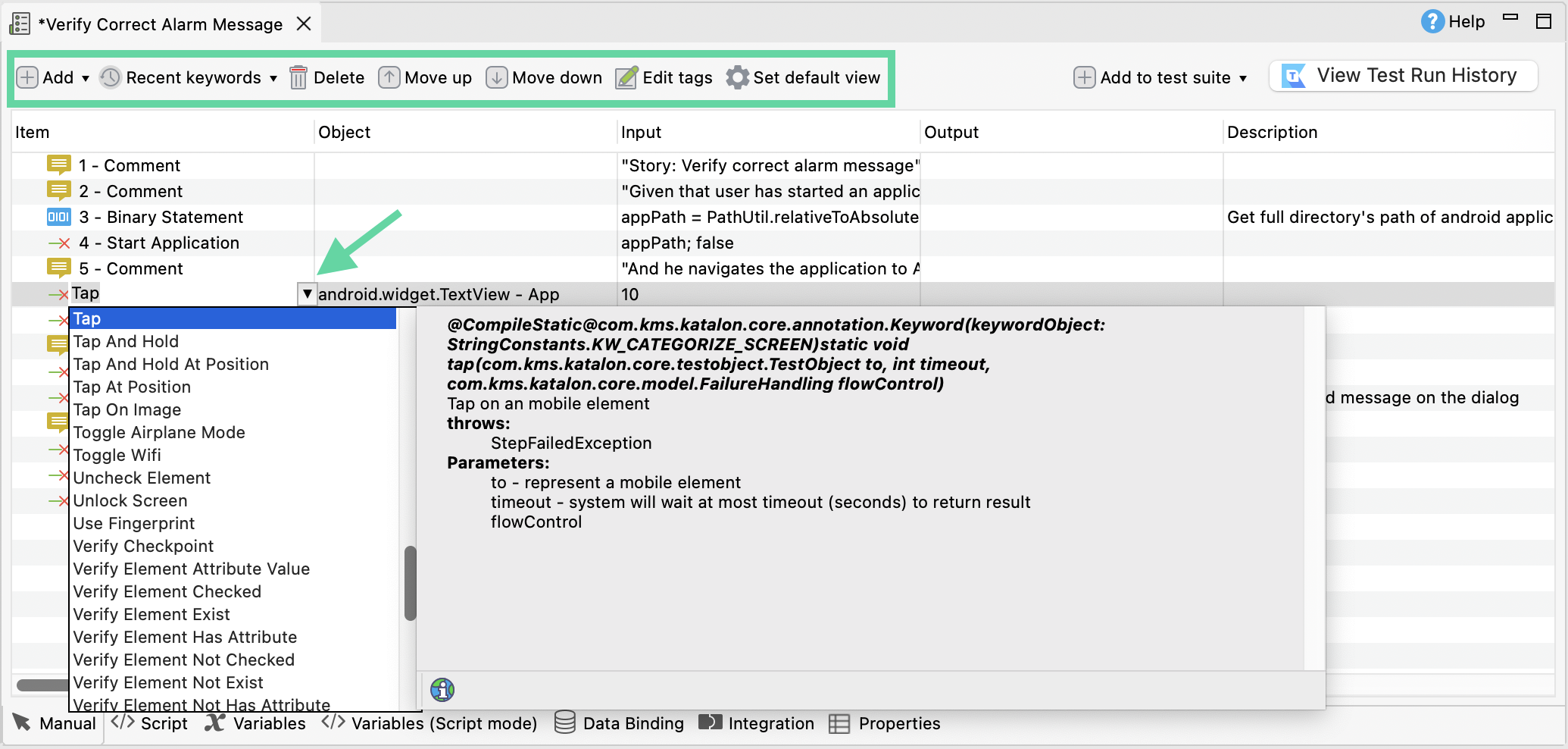 Edit test case in Test Case Editor manual view (Manual tab).