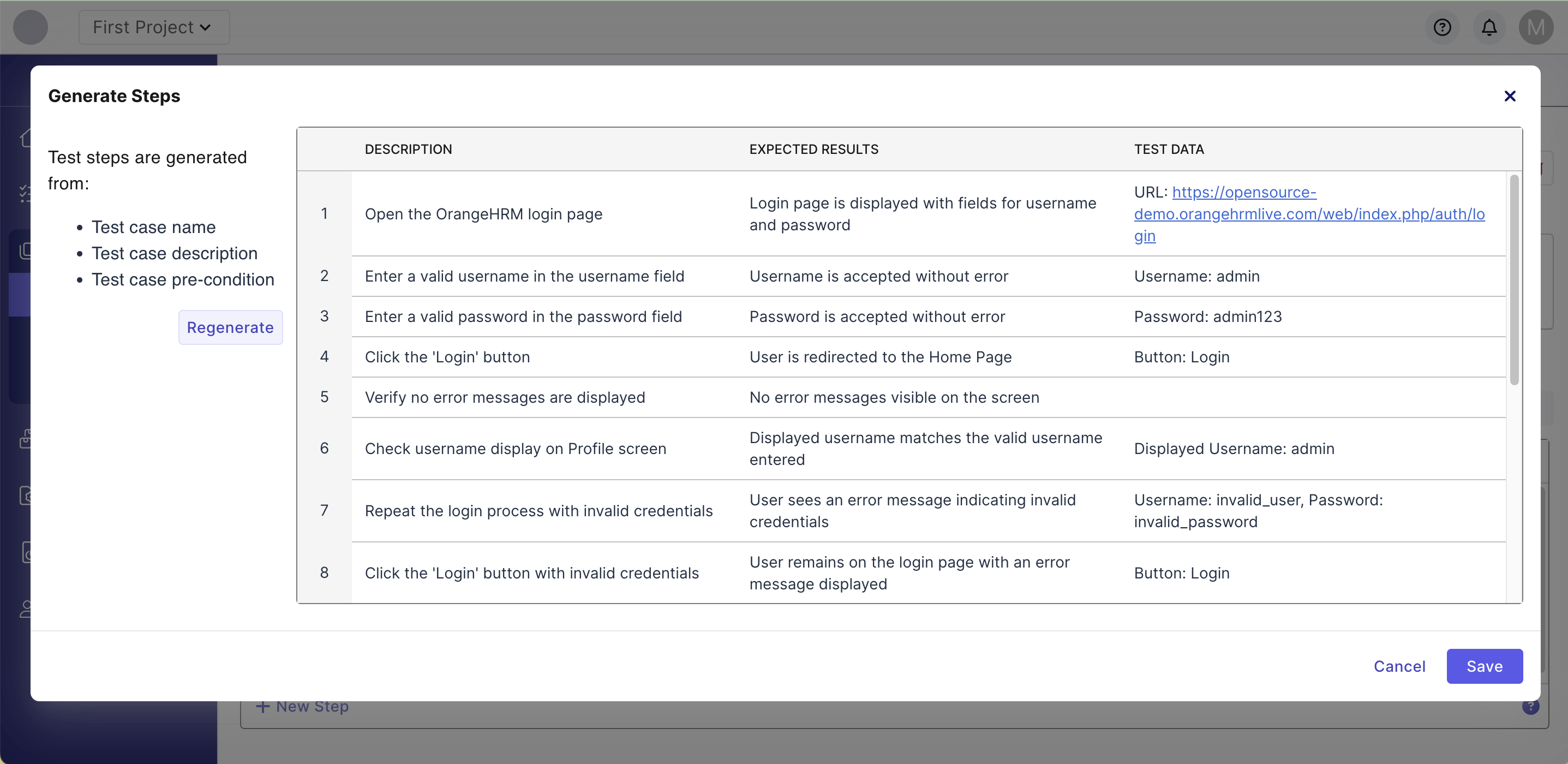 This image displays a list of AI-generated test steps in Katalon TestOps Gen 3. It contains steps based on information gleaned from the contents of the test case.