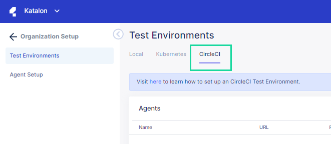 The CircleCI tab within the Test Environments section.