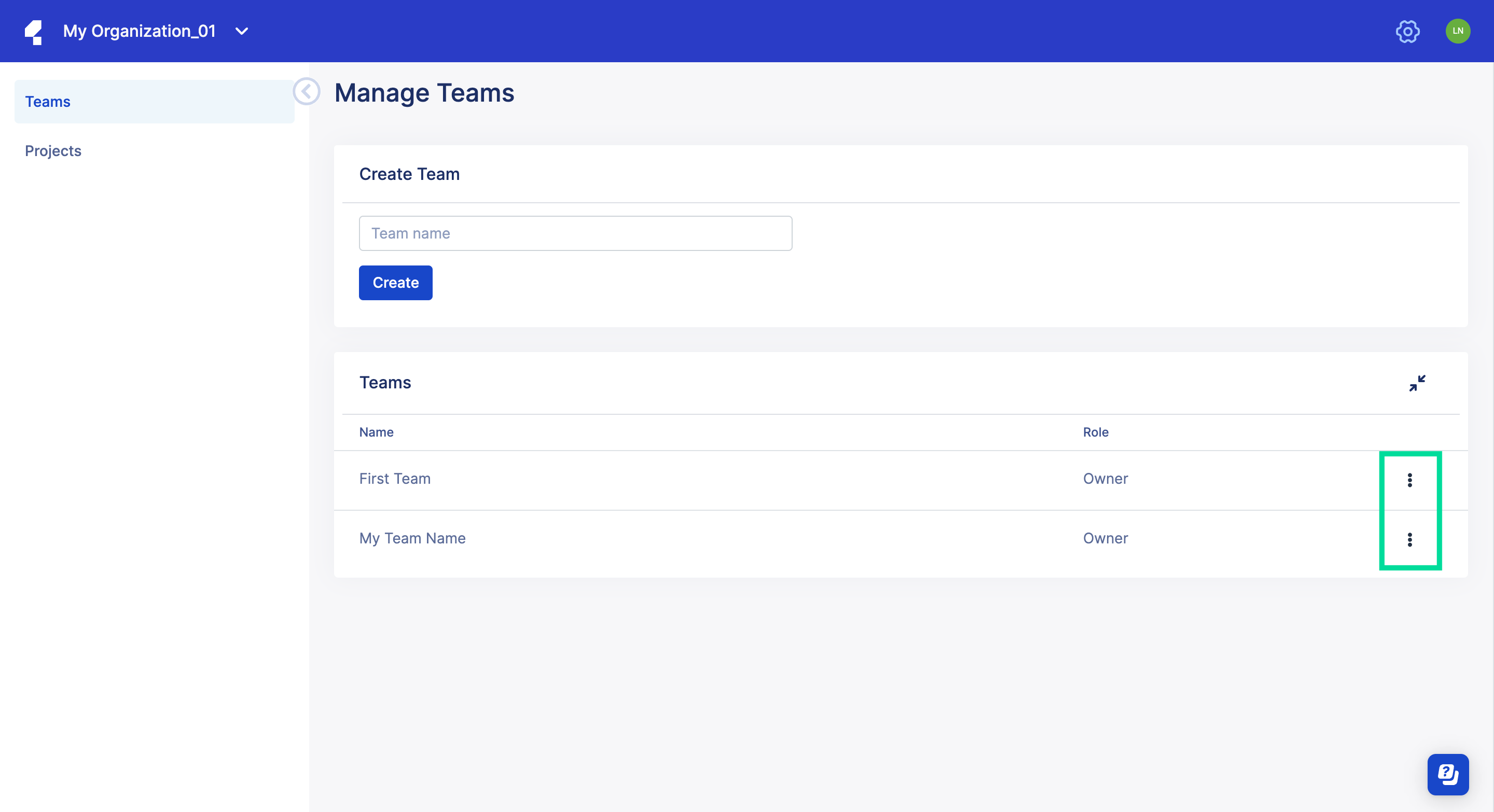 Manage Teams page