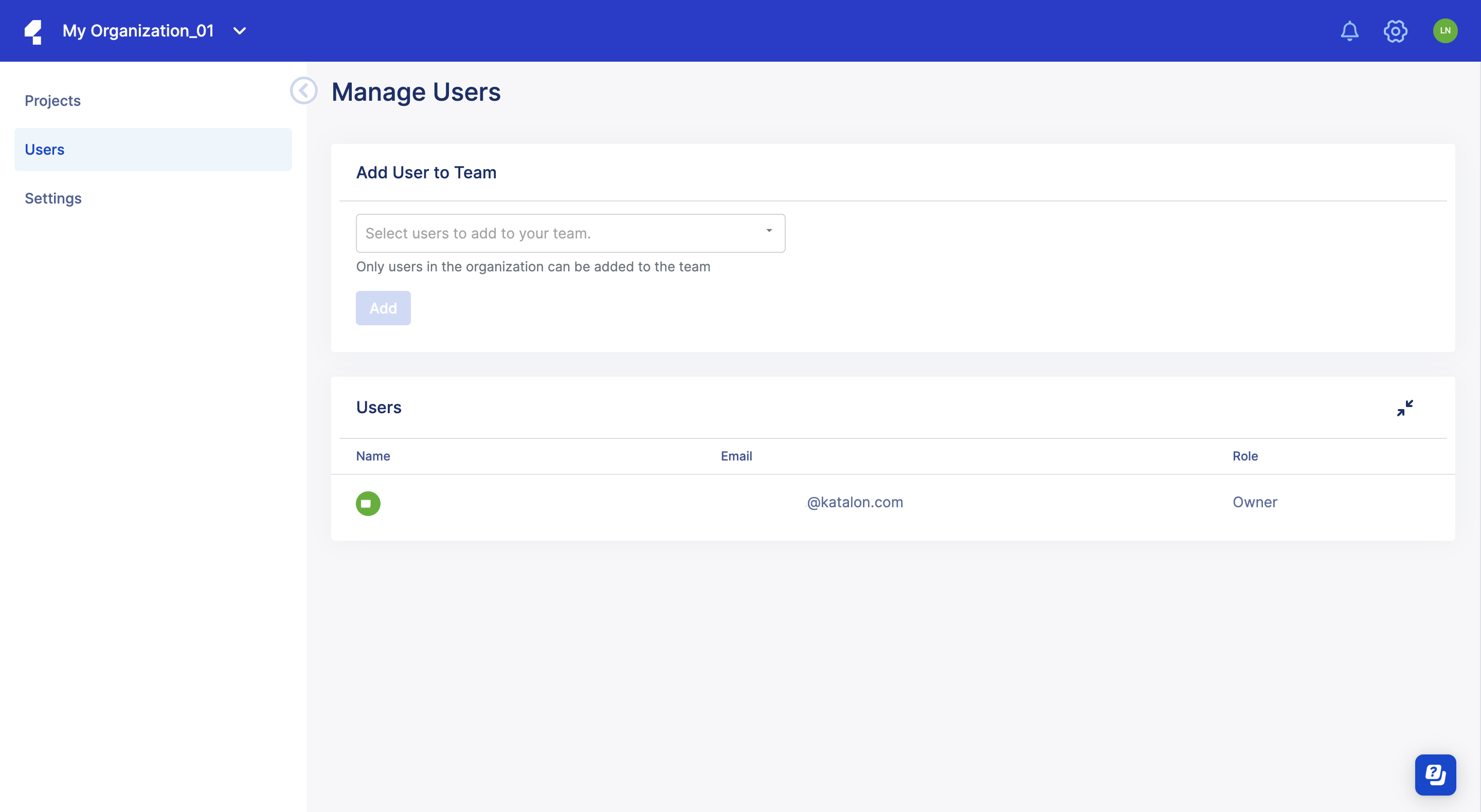 Manage Users page
