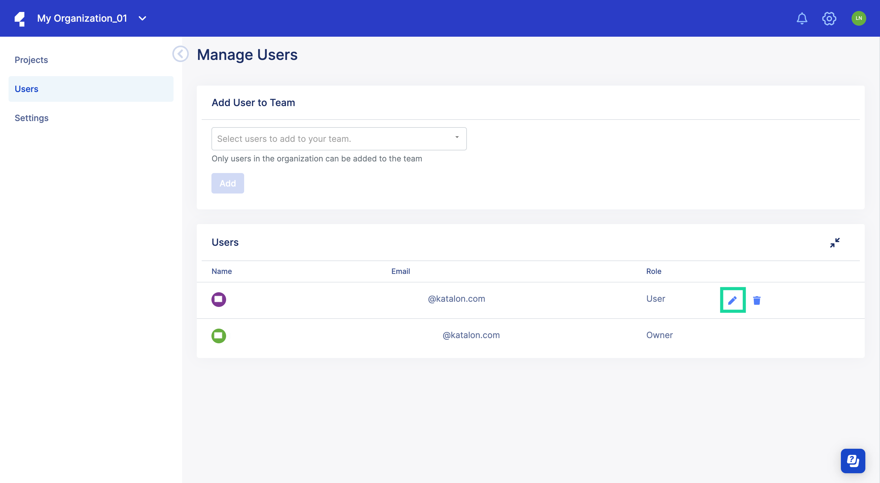 Manage Users page