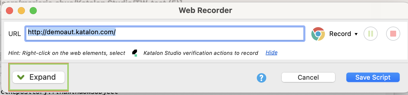 Expand the Web Recorder menu in Katalon Studio.